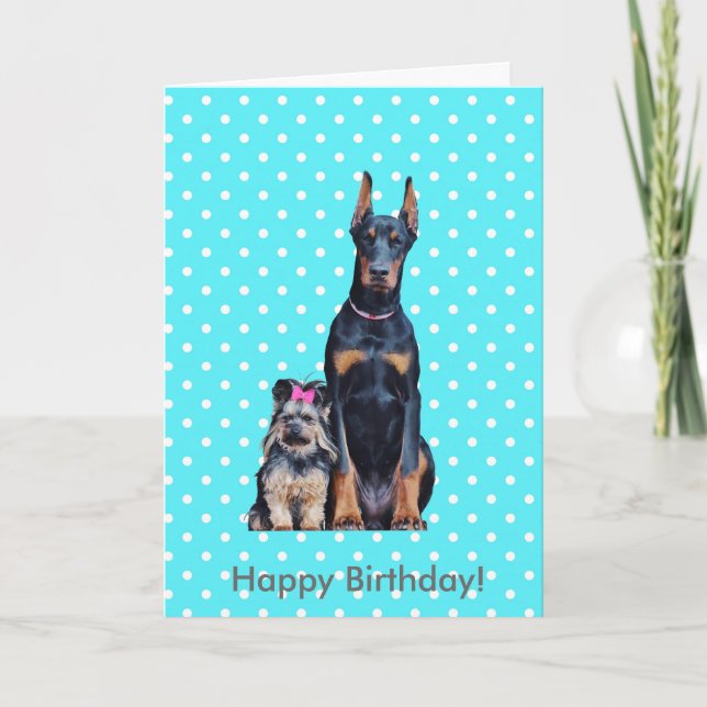 Cartão Yorkshire Terrier Doberman Feliz Aniversário Sauda (Frente)
