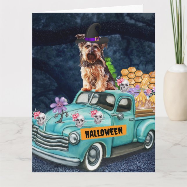 Cartão Yorkshire Terrier Dog Halloween Truck Noite Assust (Frente)