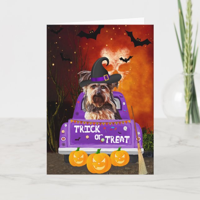 Cartão yorkshire terrier Dog no Halloween Truck (Frente)