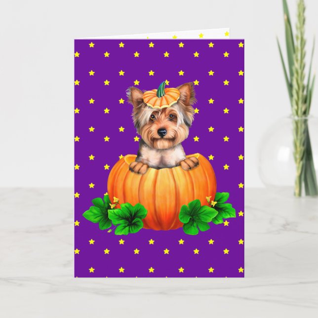 Cartão Yorkshire Terrier Halloween Jack-O-Lantern (Frente)