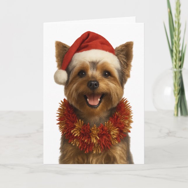 Cartão Yorkshire Terrier in a Santa hat Christmas card (Frente)