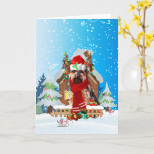 Cartão Yorkshire Terrier na neve com presentes de Natal