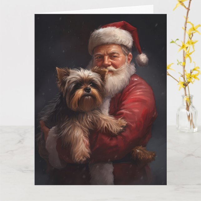 Cartão Yorkshire Terrier Papai Noel Natal Festivo (Flor Amarela)