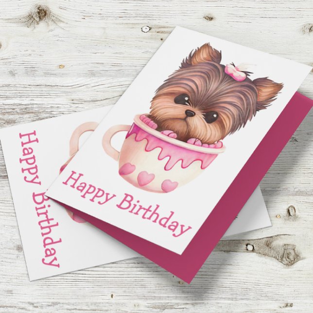 Cartão Yorkshire Terrier Puppy Pink Cute Yorkie Birthday (Criador carregado)