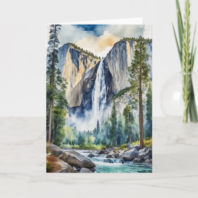 Cartão Yosemite National Park Waterfall Watercolor (Frente)