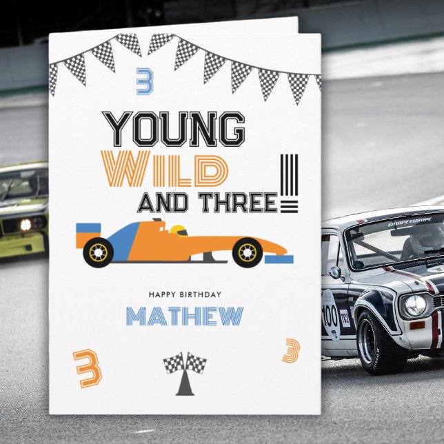 Cartão Young Wild And Three Race Car 3rd Boy Birthday  (Criador carregado)