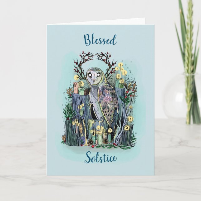 Cartão Yule Winter Solstice Barn Owl Com Corridas (Frente)