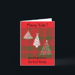Cartão Yule Winter tree sobre xadrez<br><div class="desc">Feliz Yule! Árvores de inverno sobre fundo tartano. Adicione seus próprios nomes e saudações de dentro. Adequado para apreciação sazonal mais tradicional ou de uma inclinação pagã/wiccan.</div>