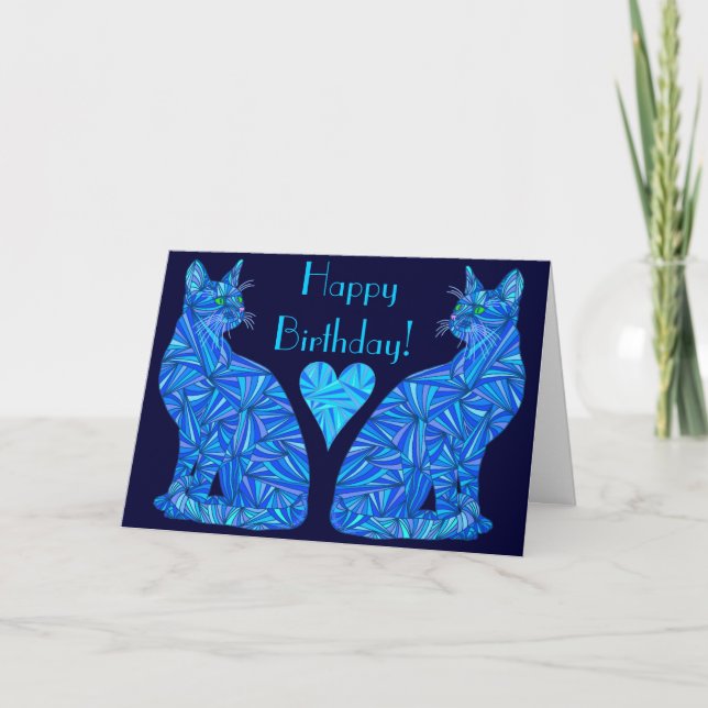 Cartão Z Electric Blue Abstract Cat Art Happy Birthday (Frente)