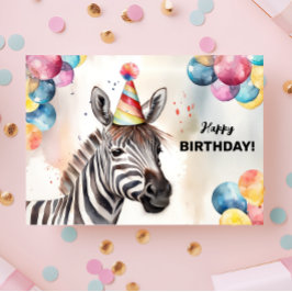 Cartão Zebra com Balões e Feliz Aniversário do Partido