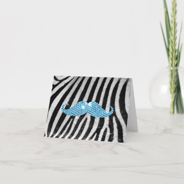 Cartão Zebra Stripes And Blue Bling Mustache (Frente)