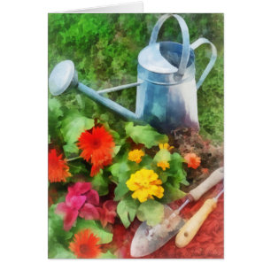 Cartão Zinnias e lata molhando