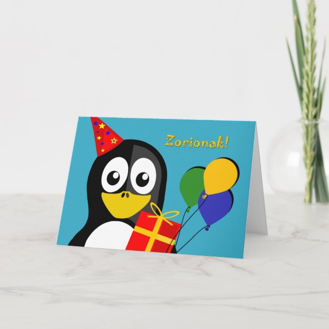 Cartão Zorionak! Birthday Greetins in Basque, Penguin (Frente)