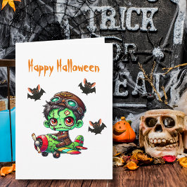 Cartão Zumbi voando Avião Morcegos Aviador Halloween