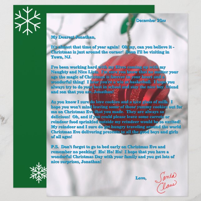 Cartas de Papai Noel para Pré-Adolescentes Enfeite (Frente/Verso)