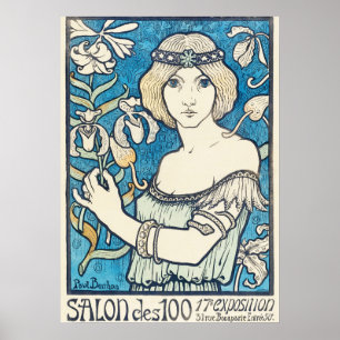 Cartaz de Arte Nova Mulher Azul Floral Impressão V