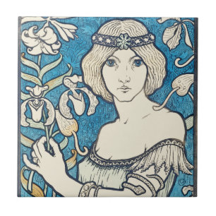 Cartaz de Arte Nova Mulher Floral Azul Impressão V