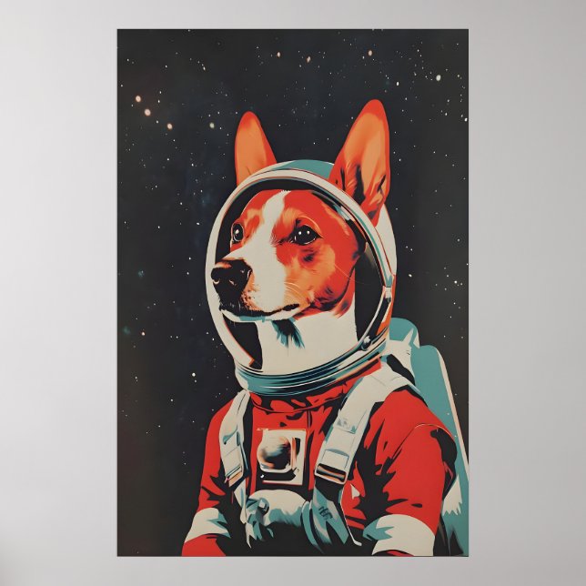 Cartaz de Astronauta Basenji, Impressão Retro Base (Frente)