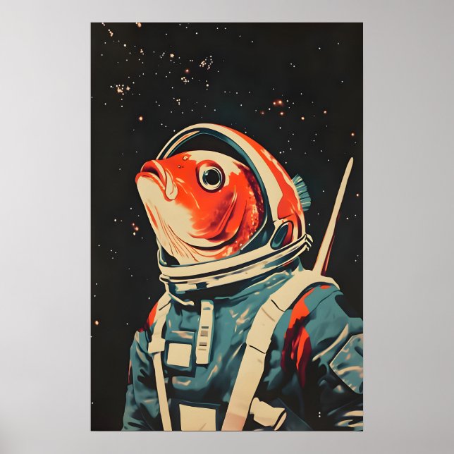Cartaz de Astronauta Peixe, Impressão Retro Peixe, (Frente)