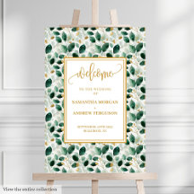 Cartaz de Casamento de Eucalipto Dourado em Verde 