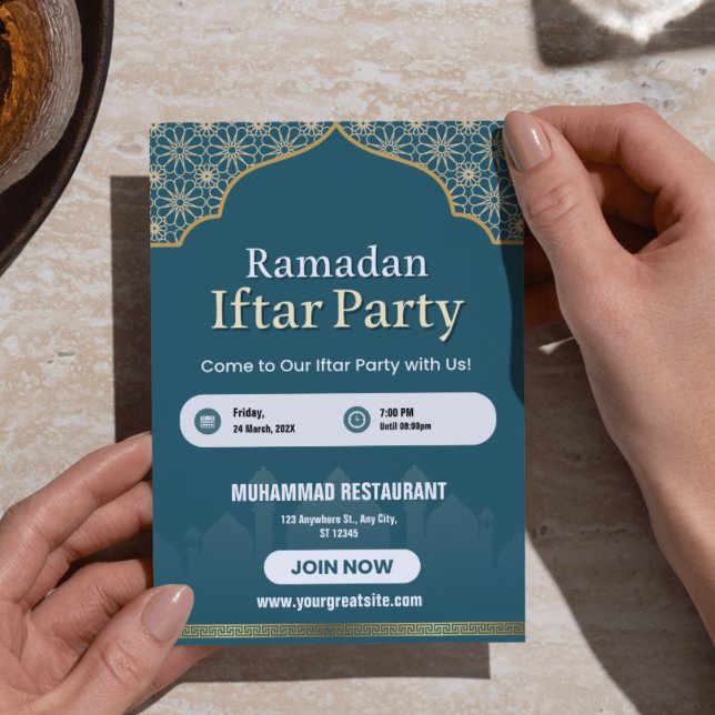 Cartaz de Convite de Iftar do Ramadão Azul, Branco (Blue, White & Gold Ramadan Iftar Invitation Poster - Restaurant & Party Menu)