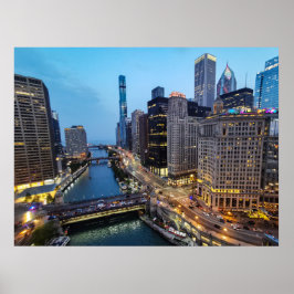 Cartaz de impressão da vista do rio Chicago ao ano