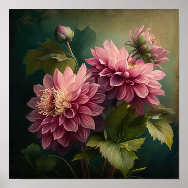 Cartaz de Impressão de Arte de Flor de Dalias Rosa (Frente)
