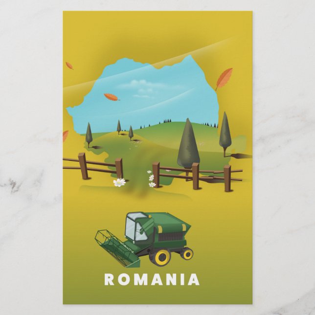 Cartaz de impressão ilustrado do mapa da Romênia. (Frente)