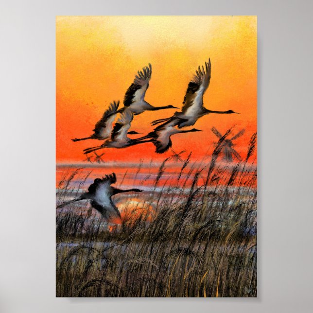 Cartaz de Impressão Pôr do Sol com Pássaros Voando (Frente)