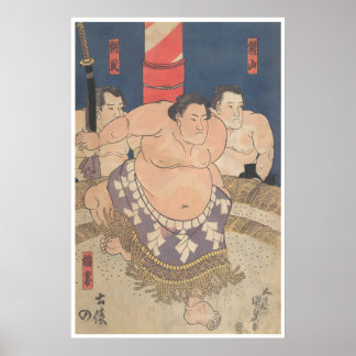 Cartaz de Luta Sumô Impressão Japonesa de Xilograv