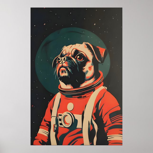 Cartaz de Pug Astronauta, Impressão Retro de Pug,  (Frente)