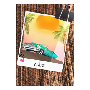Cartaz de viagem com foto de carro antigo cubano.