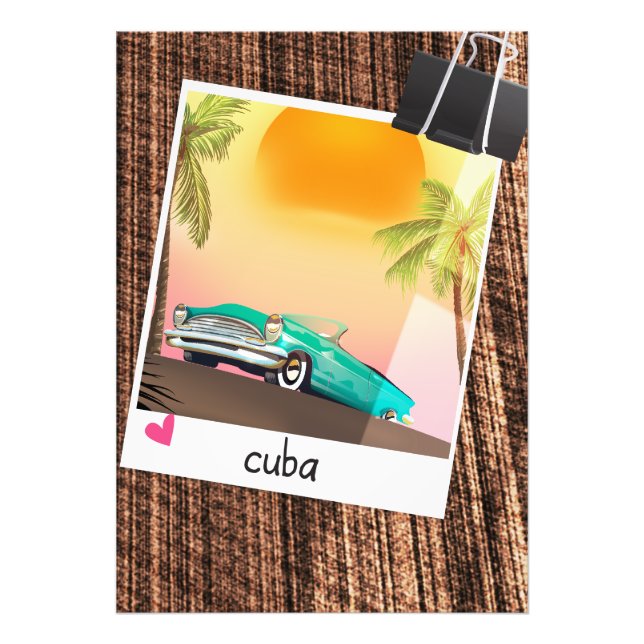 Cartaz de viagem com foto de carro antigo cubano. (Frente)