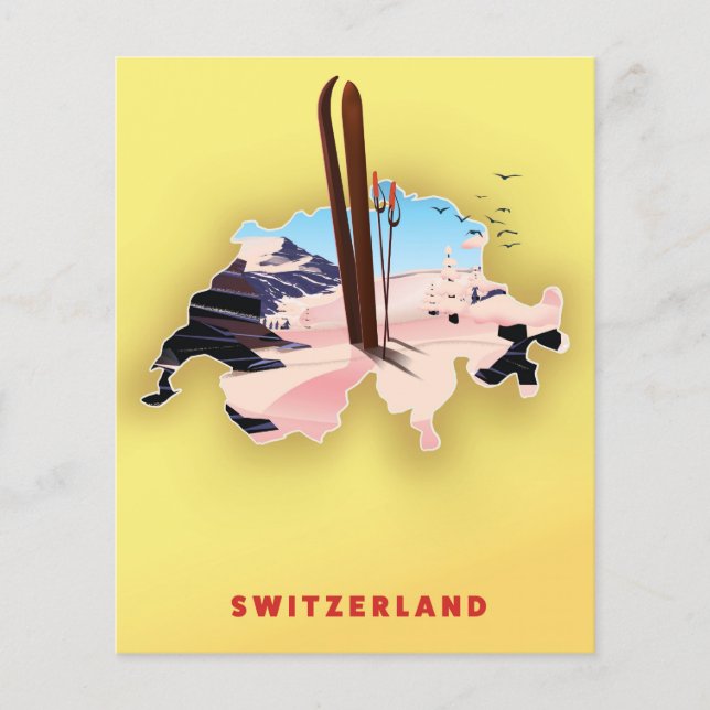 cartaz de viagem de esqui do mapa da Suíça. (Frente)