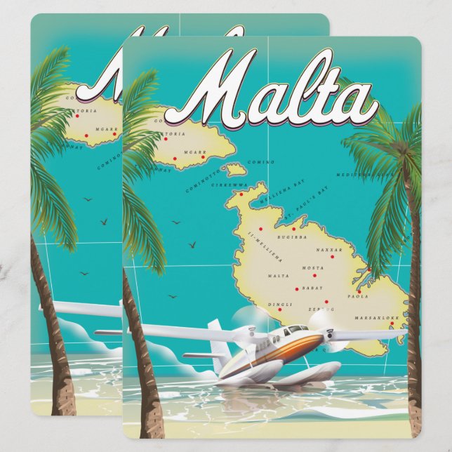 cartaz de viagem praia e mapa de Malta (Frente/Verso)
