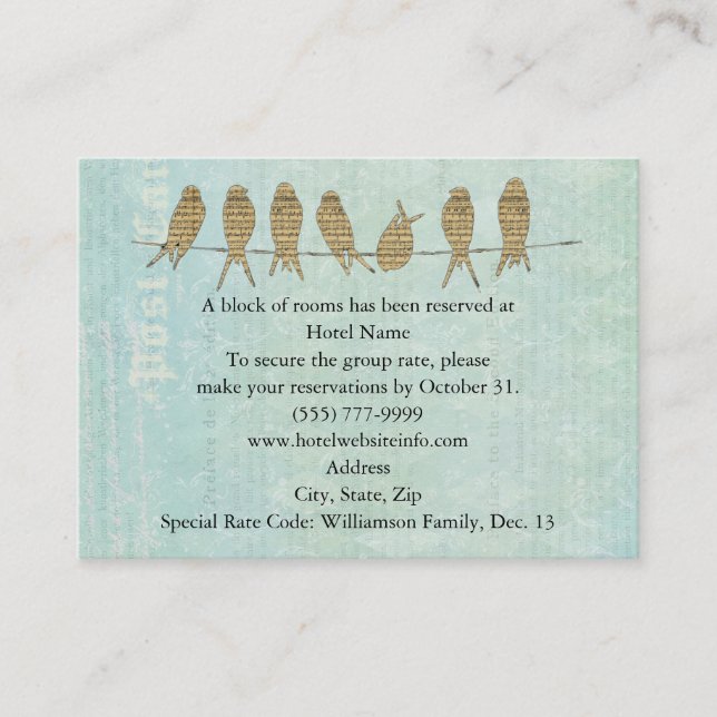 Cartões azuis do hotel e do sentido dos pássaros (Frente)