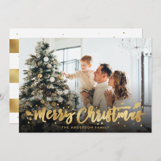 Cartões com fotos de Natal Feliz e Dourado (Frente/Verso)