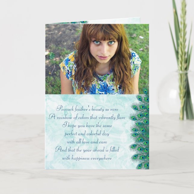 Cartões com fotos de penas de pavão de aniversário (Frente)