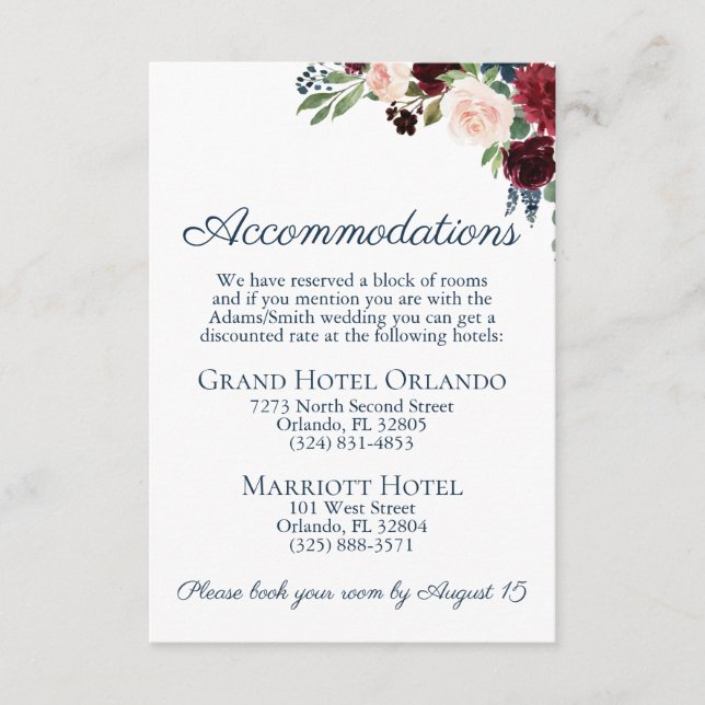 Cartões de Acomodação de Casamento Floral Marsala  (Frente)
