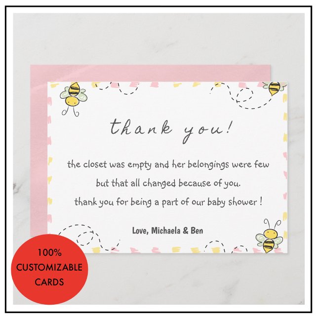 Cartões de agradecimento Abelha, Chás de Bebê Mamã (Bee thank you cards,Baby Shower Cute Pink)