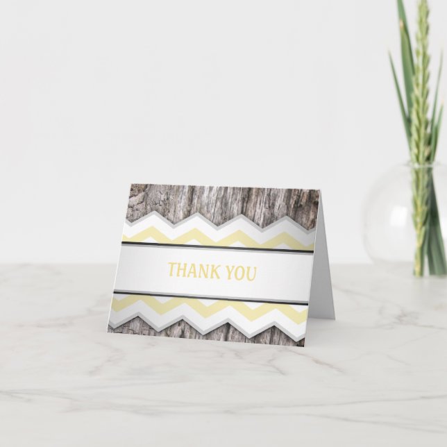 Cartões de Agradecimento Chevron Amarelo e Madeira (Frente)