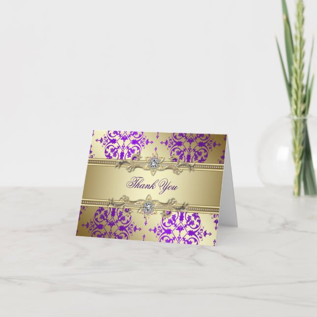 Cartões de Agradecimento Damasco Ouro Roxo (Frente)