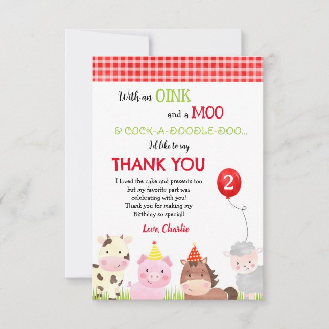 Cartões de Agradecimento de Aniversário de Animais (Frente)