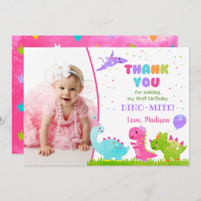 Cartões de agradecimento de aniversário de dinossa (Frente/Verso)