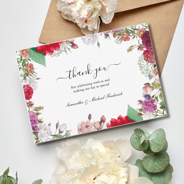 Cartões de agradecimento de casamento Boho com flo (Wildflower wedding thank you card. Elegant script calligraphy)