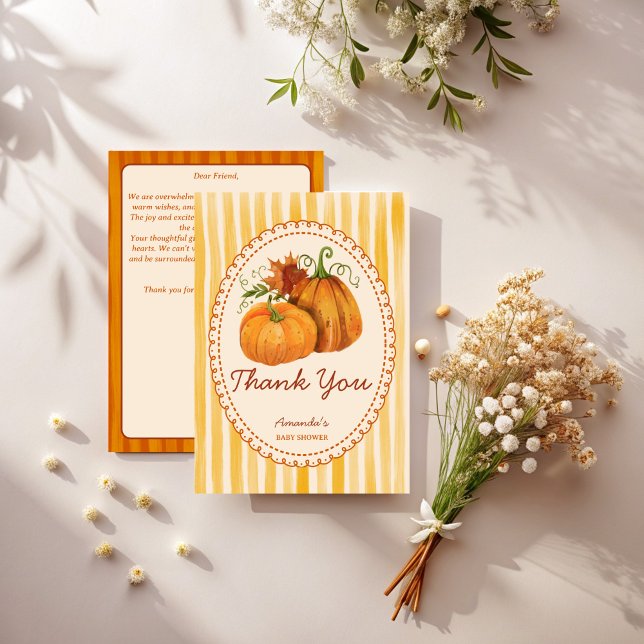 Cartões de agradecimento de chá de bebê retro Litt (Little pumpkin retro stripes fall baby shower thank you cards template)
