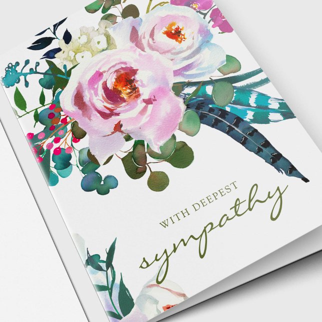 Cartões de Agradecimento de Funeral | Boho Peony (Pink Watercolor Peony with feathers and eucalyptus greenery funeral thank you card)