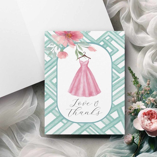 Cartões de Agradecimento Florais em Aquarela em Br (Bridal shower card pink floral dress watercolor by Victoria Grigaliunas of Do Tell A Belle)