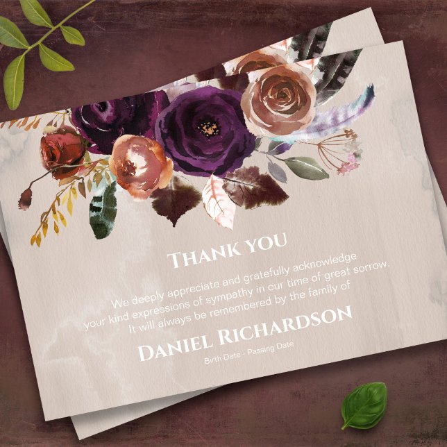 Cartões De Agradecimento Funcional | Butterum e am (Boho style watercolor floral memorial bereavement sympathy funeral thank you card)