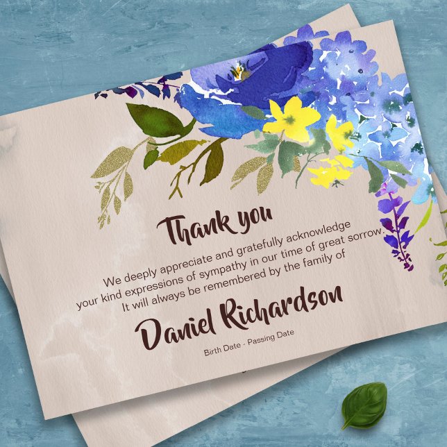 Cartões De Agradecimento Funcional | Flores de Aqu (Watercolor floral in blue bereavement Memorial Sympathy Funeral Thank You Card)